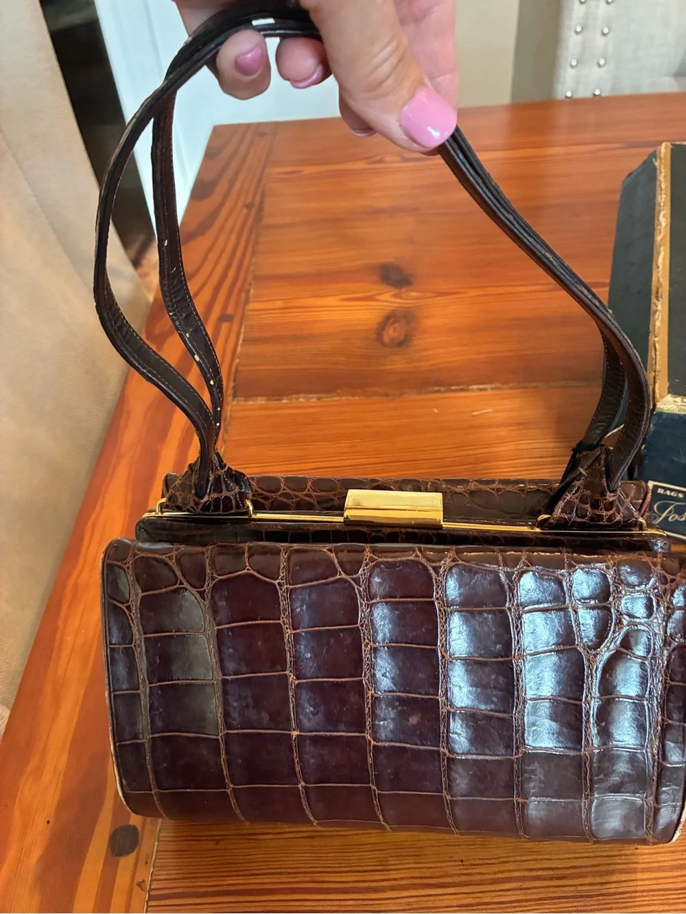 Croc-Embossed Dark Brown Leather Handbag